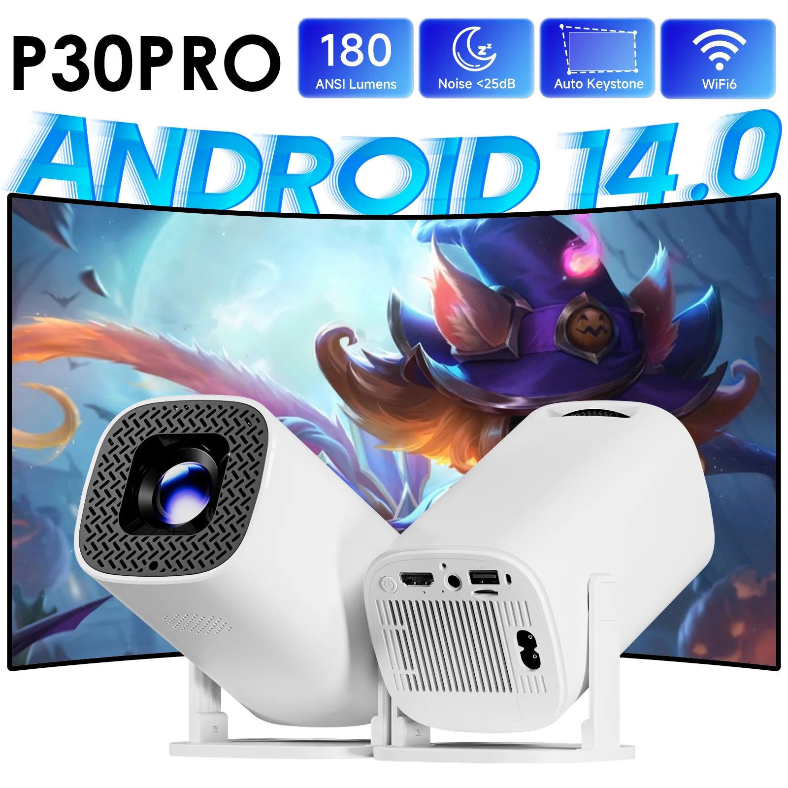 P30 PRO Smart Mini Projector Android 14 WiFi6 BT 5.0 Supports 4K 1280 * 720P Video Smart Home Theater Outdoor Portable Projector